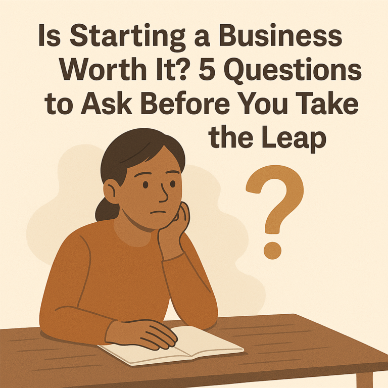 Illustrated woman contemplating at a desk with blog title above.
